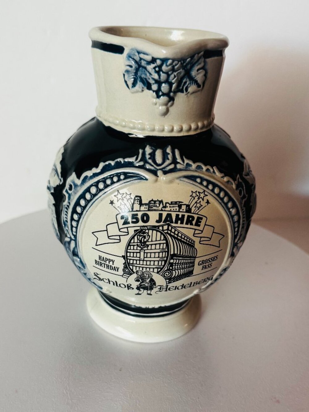 Thewalt Pitcher Blue Salt Glazed Grape Design 7.75" Pottery Wine Stein "250th An